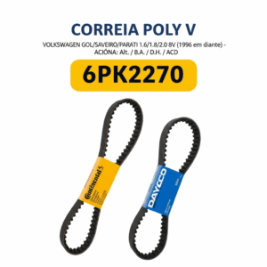 CORREIA POLY V Volkswagen 6PK2270 (Gol/Saveiro/Parati 1.6/1.8/2.0 8v 1996 em diante - Alt./B.A./D.H./ACD)